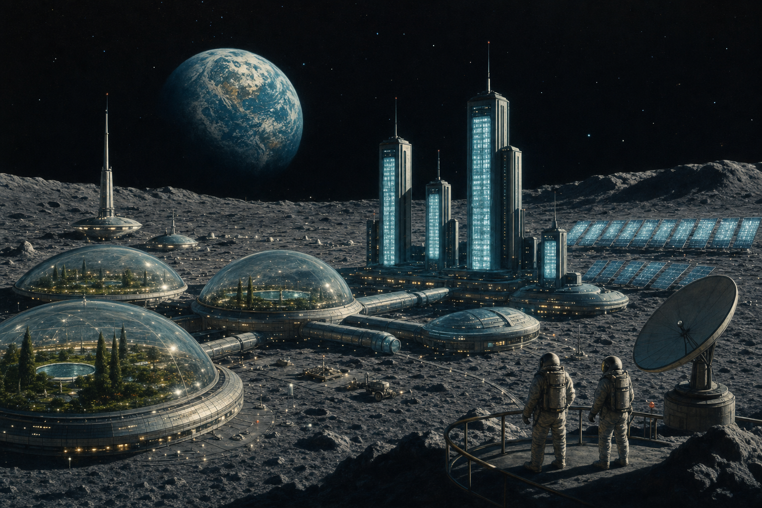 Lunar base with domes, towers, and solar arrays