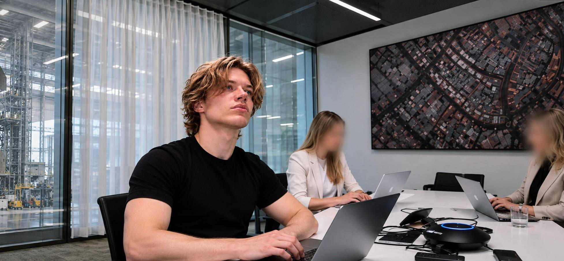 Martin Rybka seated at a conference table with a laptop, working alongside colleagues in a modern office.