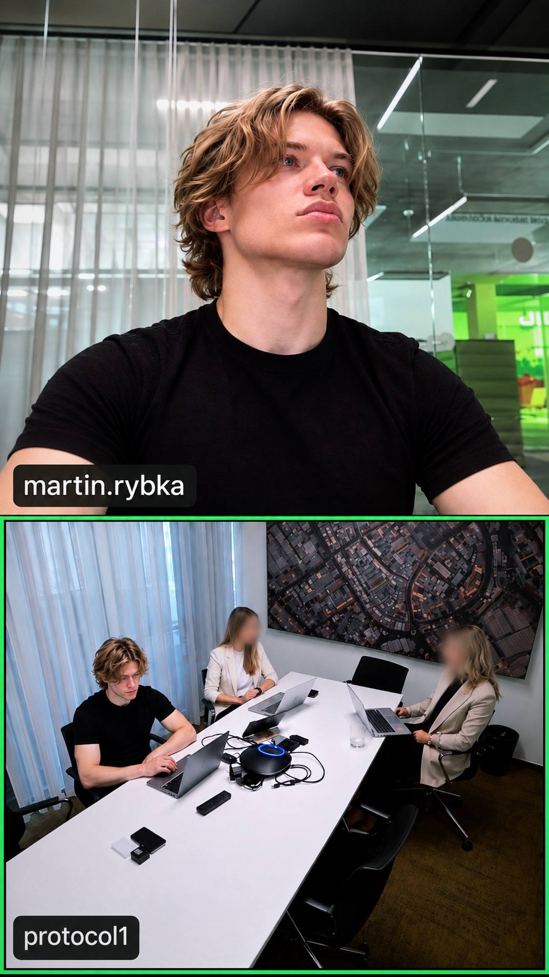 Martin Rybka working in an office: close-up portrait above a photograph of an office meeting with colleagues.