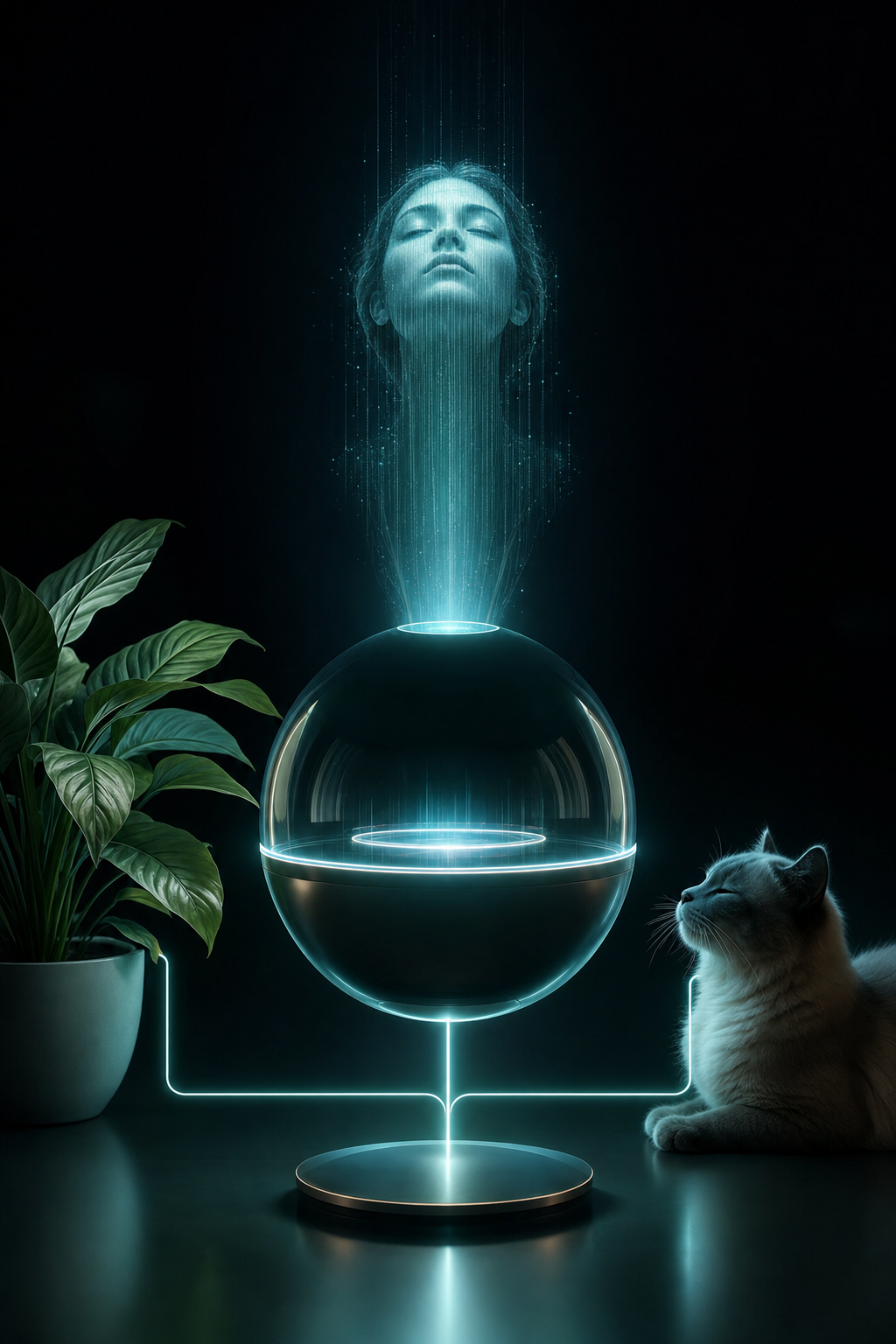Orb device linking a cat and a houseplant